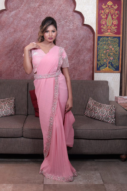 Elegant Light Pink Crush Tissue Saree with Intricate Embellishments