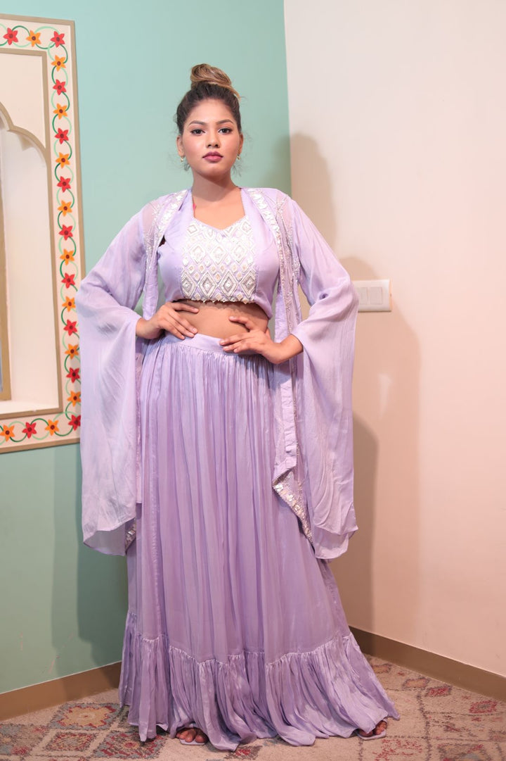 Elegant Lavender Chinnon Western Dress with Embellished Crop Top and Flowing Skirt