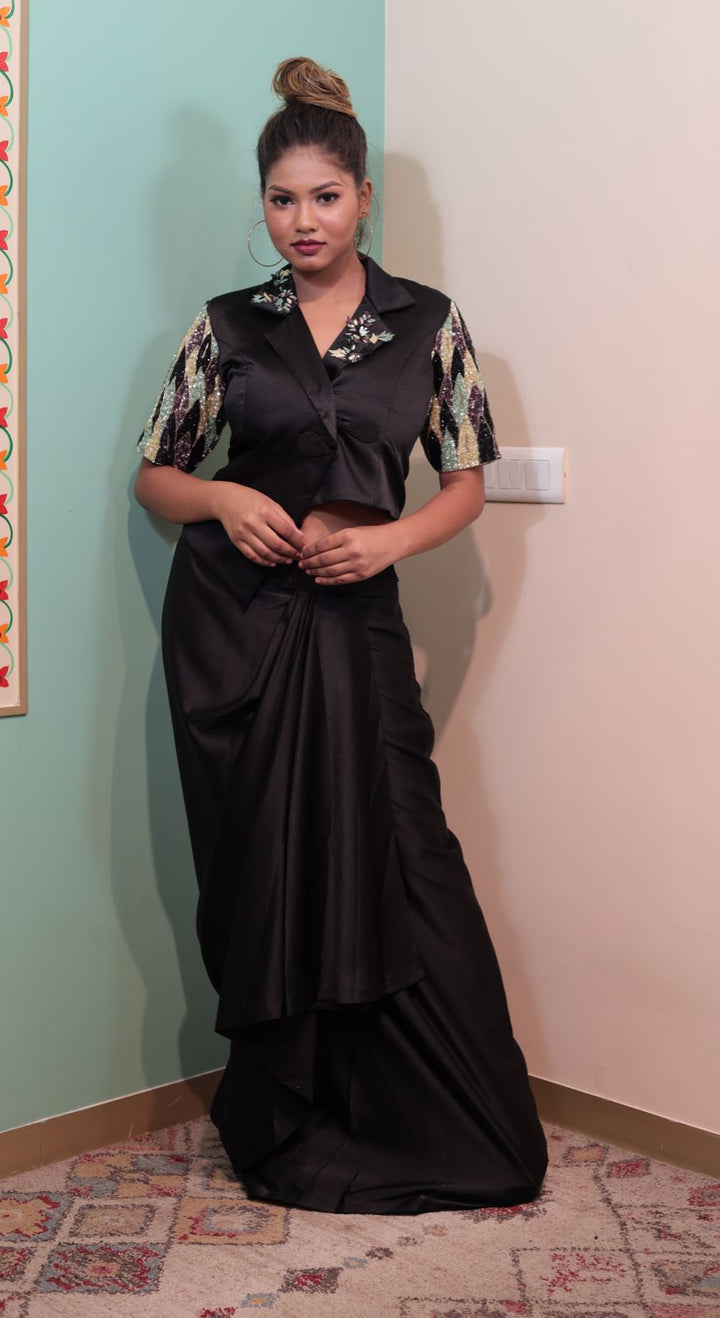 Chic Midnight Black Satin Silk Western Dress with Embellished Sleeves