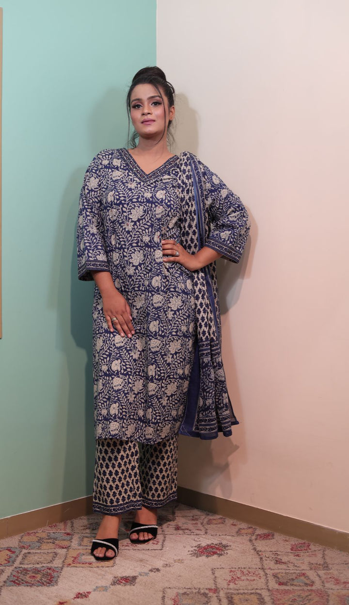Elegant Navy Blue and Floral White Cotton Kurti with Pant Set