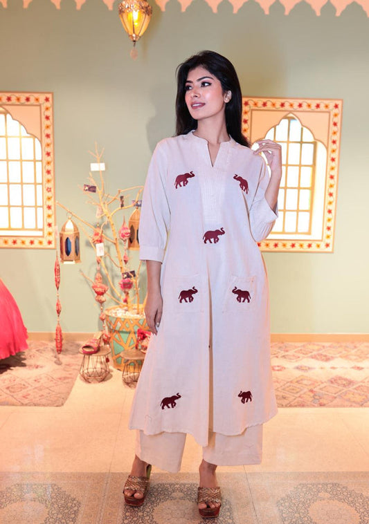 Elegant Floral White Cotton Long Kurti with Pant