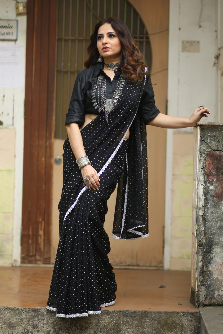 Polka Dotted Mulmul Crochet Lace Saree  Yin (SAREE)