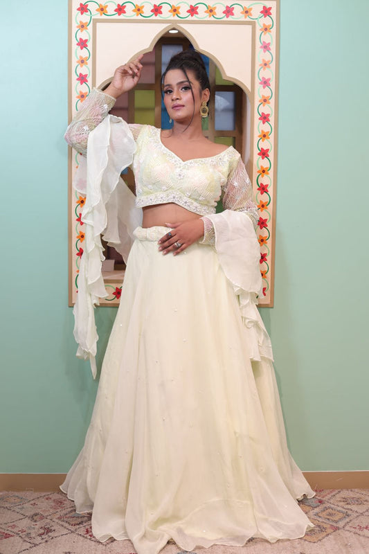 Exquisite Cream Chinnon Lehenga with Flowy Sleeves for Plus Sizes