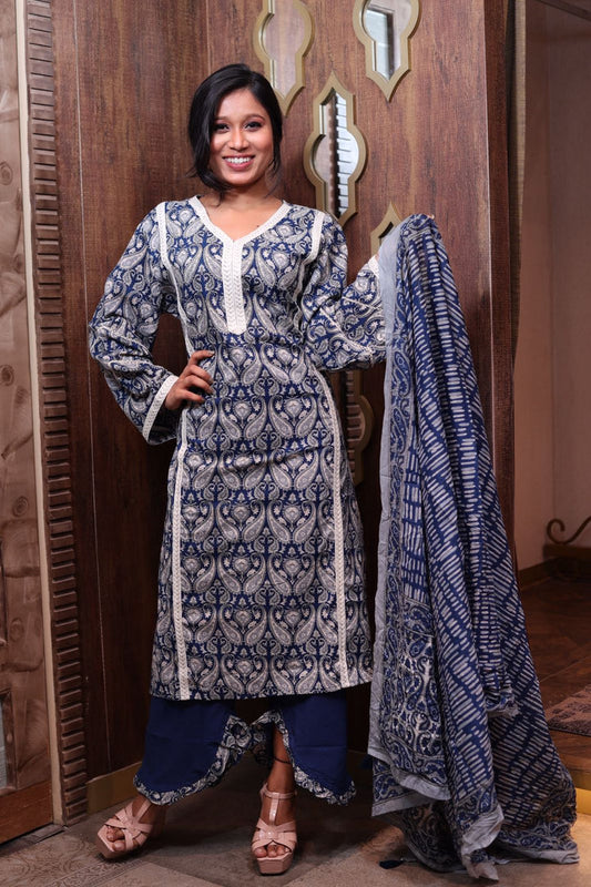 Elegant Navy Blue and White Cotton Kurti Set with Pant and Dupatta