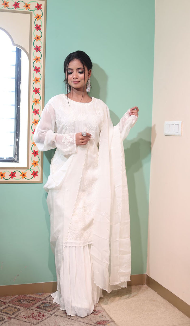 Floral White Georgette Kurti with Sharara and Dupatta