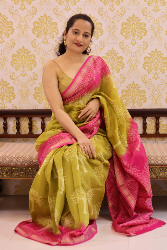 Block Printed Maheshwari Silk Saree  Betel Leaf (SAREE)