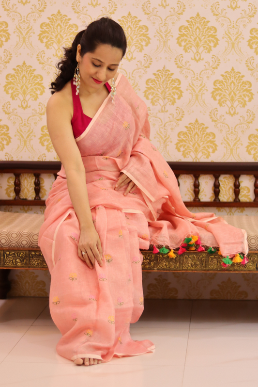 Embroidered Linen Saree  Sweet Pumpkin (SAREE)