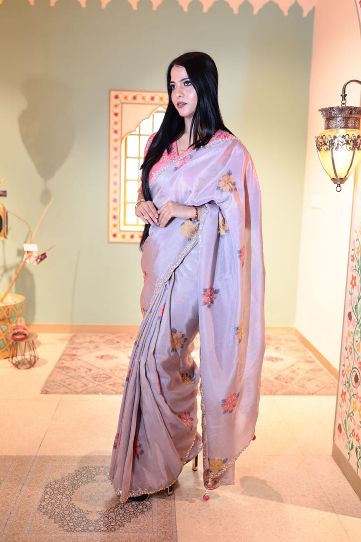 Graceful Light Flint Kosa Silk Saree with Floral Embroidery