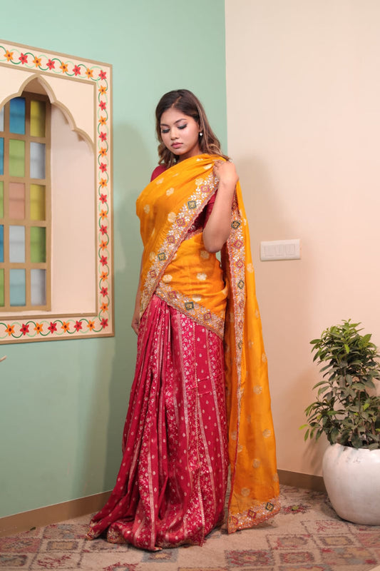 Banarashi Saree in Red and Yellow with Dual Color Elegance