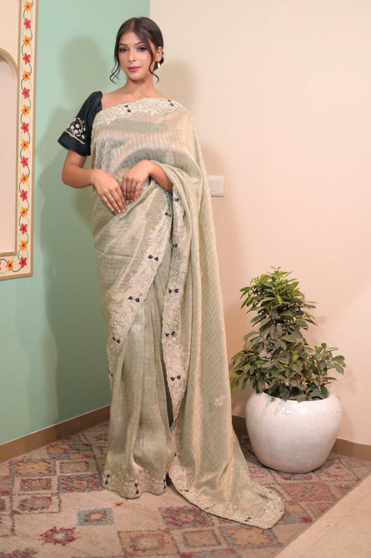 Elegant Pista Green Chinon Saree with Intricate Embroidery