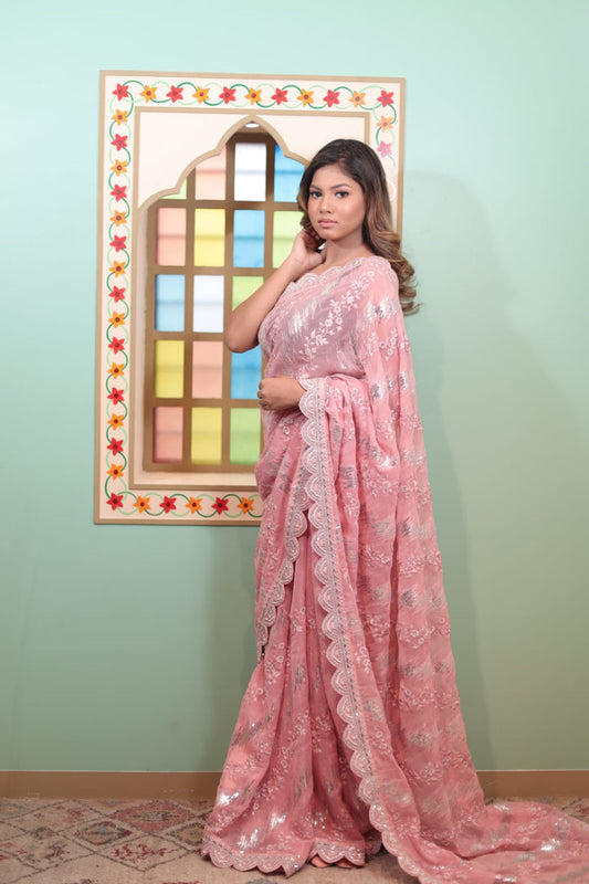 Graceful Light Pink Tissue Saree with Silver Embroidery