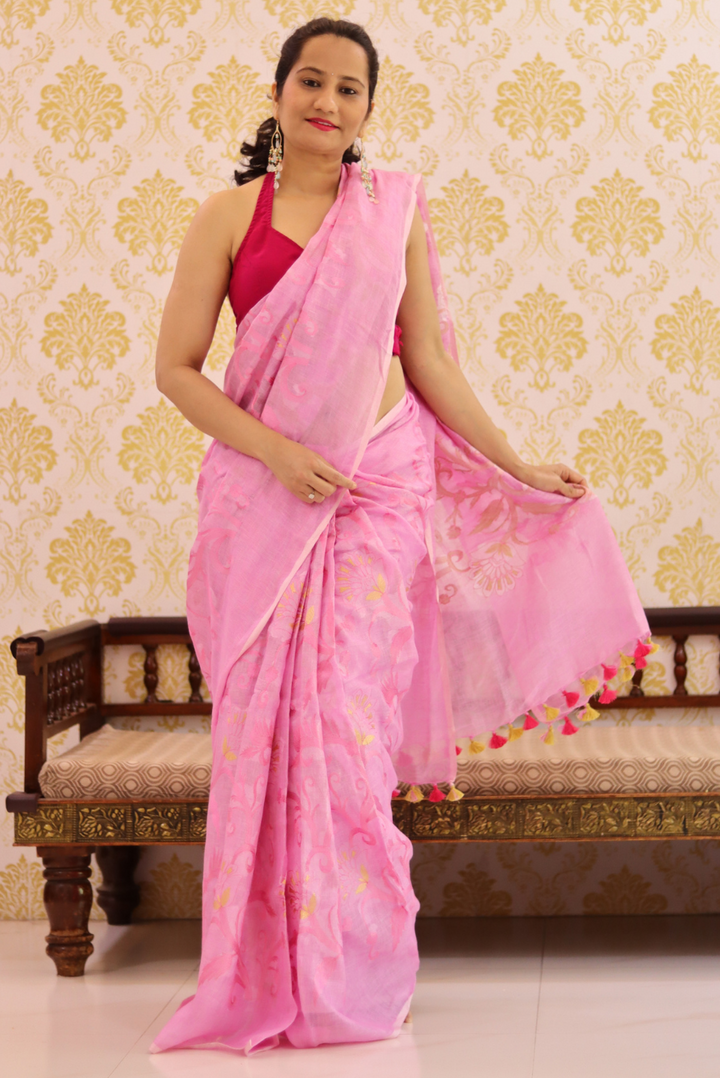 Embroidered Linen Saree  Strawberry Crush (SAREE)