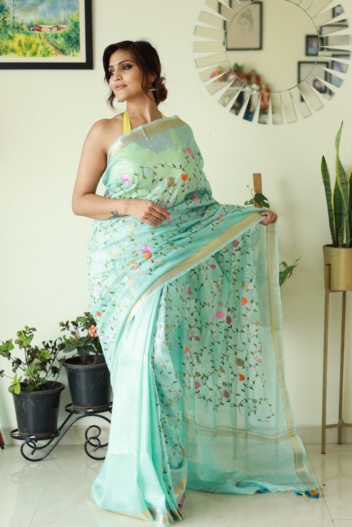Embroidered Silk Linen Saree  Geet (SAREE)