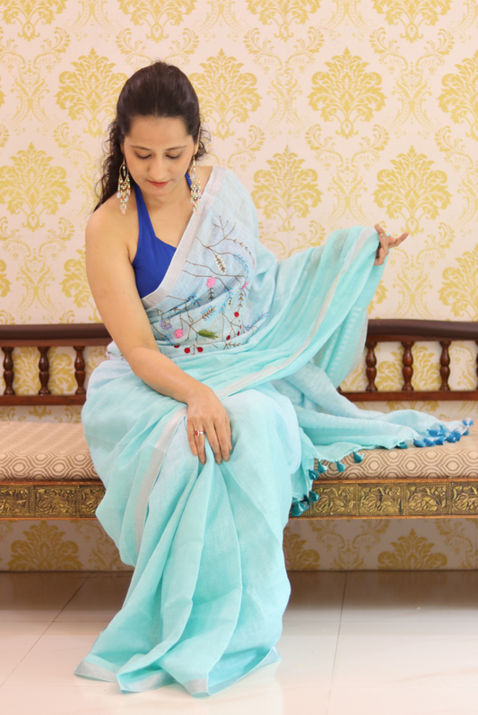 Embroidered Linen Saree  Frozen (SAREE)