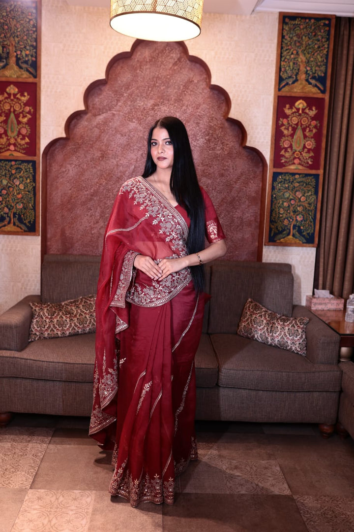 Luxurious Garnet Organza Saree with Exquisite Embroidery