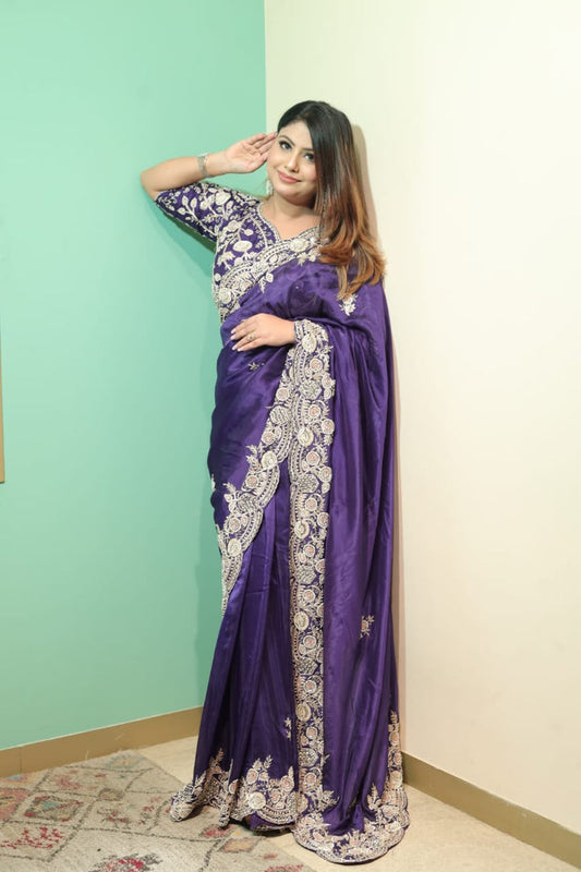 Royal Purple Chiffon Saree with Intricate Embroidery