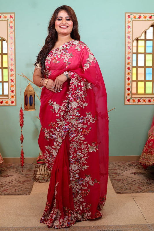 Luxurious Marganta Organza Saree with Intricate Floral Embroidery