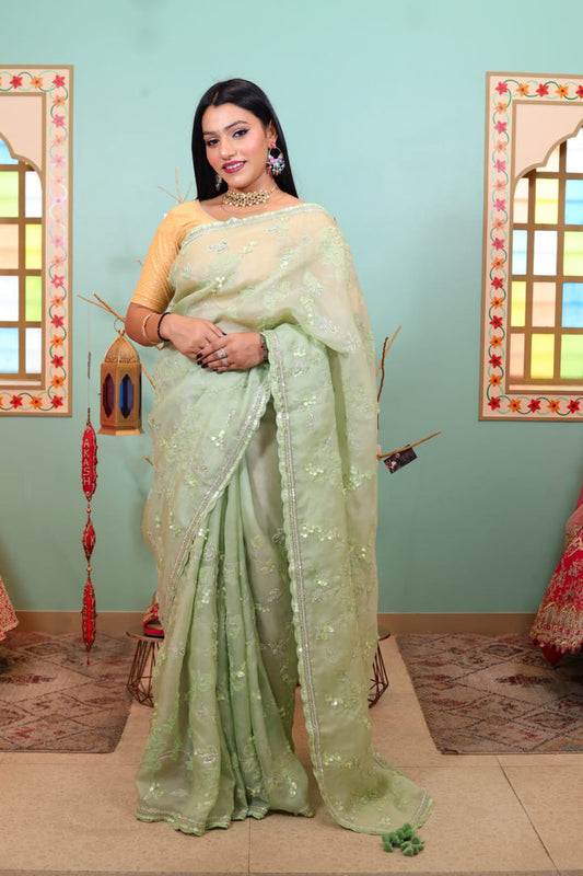 Elegant Pista Green Tissue Saree with Delicate Embroidery