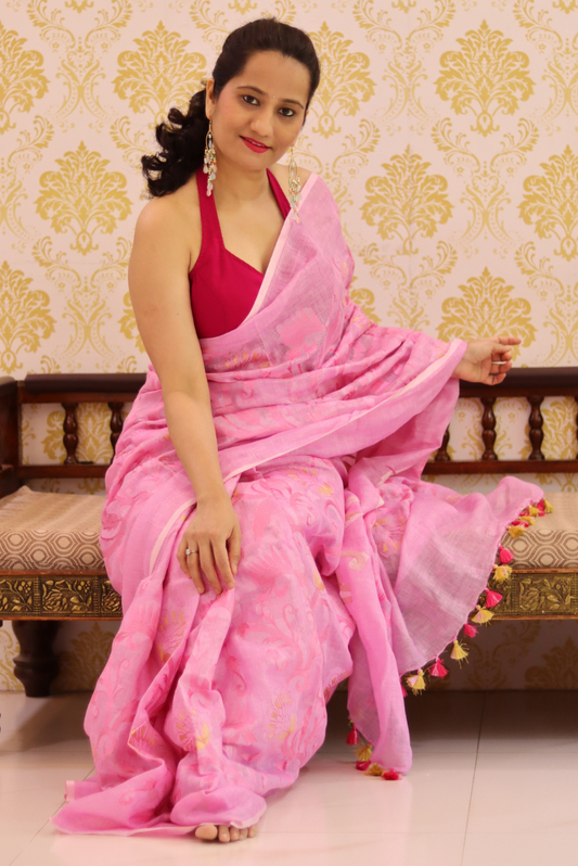 Embroidered Linen Saree  Strawberry Crush (SAREE)
