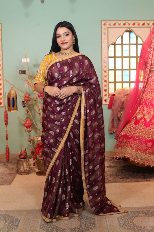 Elegant Sangria Banarasi Saree with Intricate Detailing