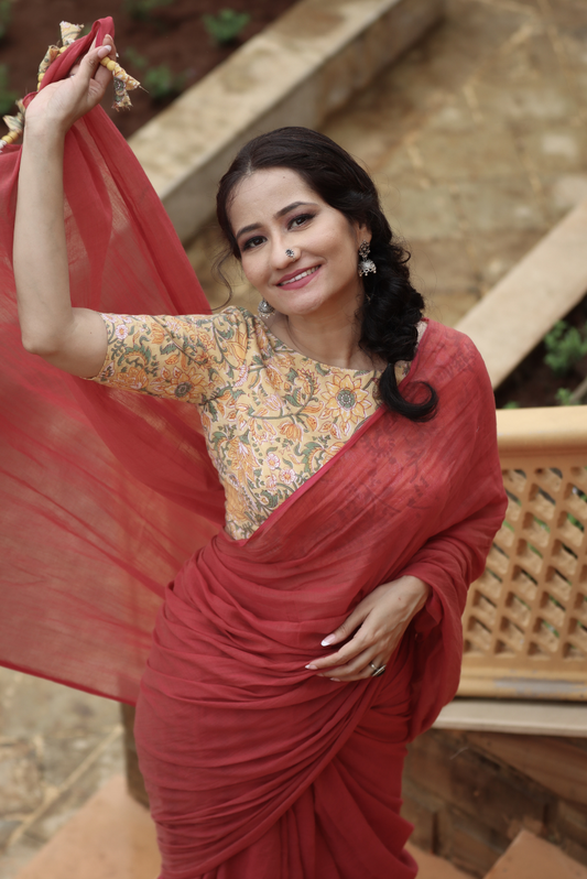 Mulmul Saree with Block Printed Tassels  Mitti sa Bhoora (SAREE)
