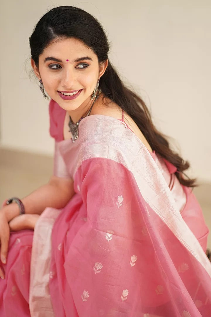 Confounding Pink Cotton Silk Saree With Splendorous Blouse Piece