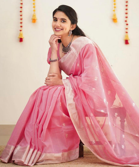 Confounding Pink Cotton Silk Saree With Splendorous Blouse Piece
