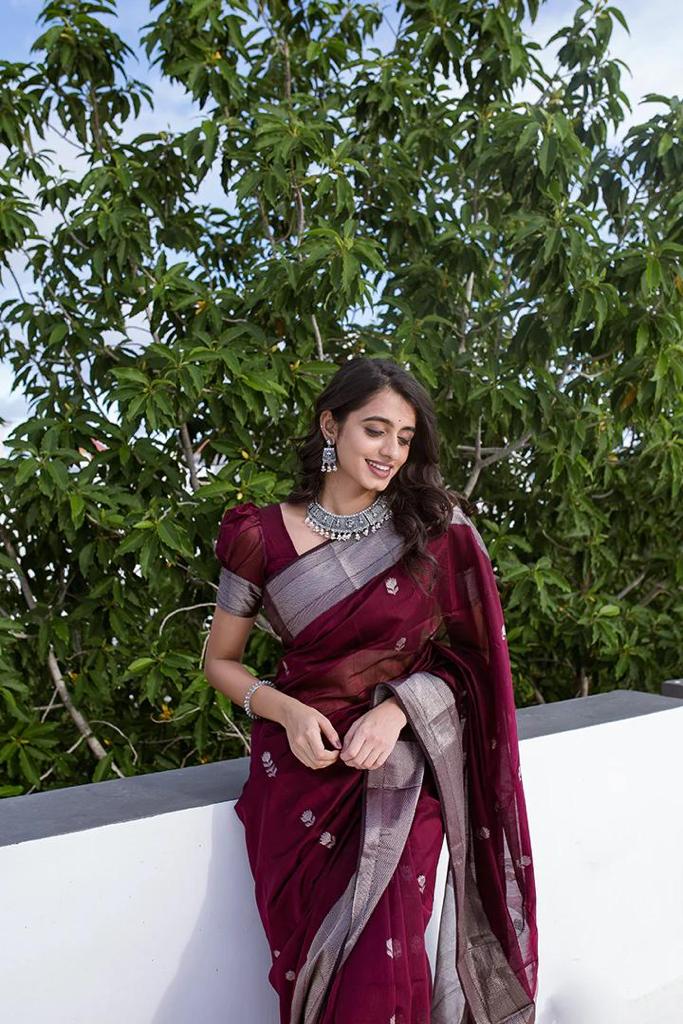 Staggering Wine Cotton Silk Saree With Ratatouille Blouse Piece
