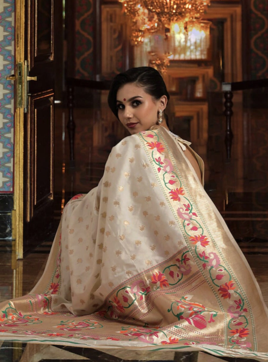 Glorious Off White Paithani Silk Saree With Ethnic Blouse Piece