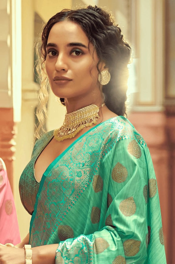 Scintilla Sea Green Soft Banarasi Silk Saree With Fancifull Blouse Piece