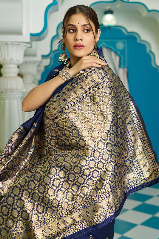 Panoply Navy Blue Banarasi Silk Saree With Staggering Blouse Piece