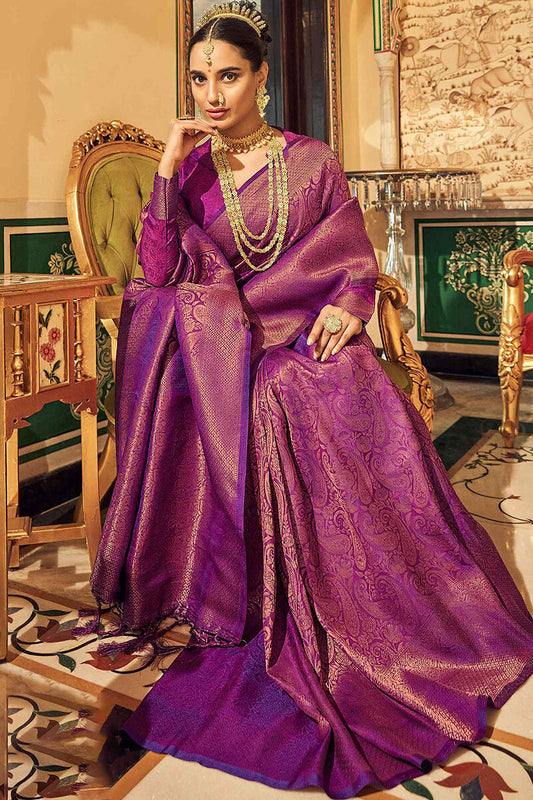 Denouement Purple Kanjivaram Silk Saree With Felicitous Blouse Piece