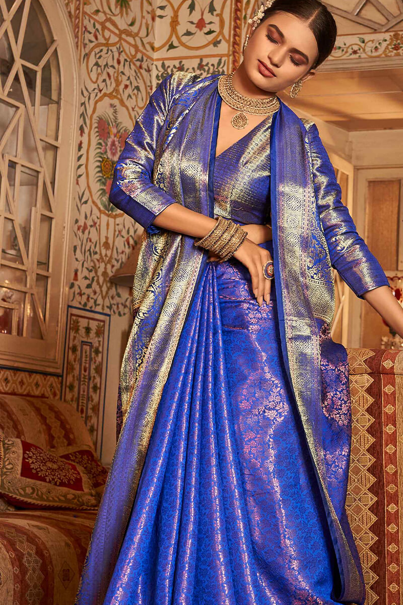 Unique Royal Blue Kanjivaram Silk Saree With Outstanding Blouse Piece