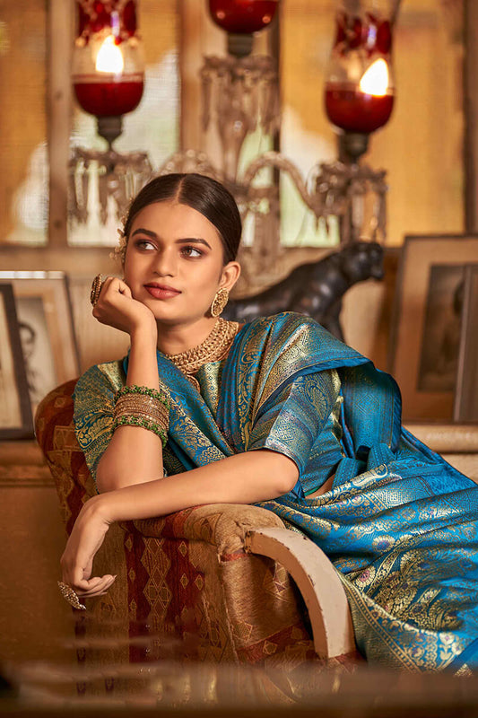 Entrancing Firozi Kanjivaram Silk Saree With Classic Blouse Piece