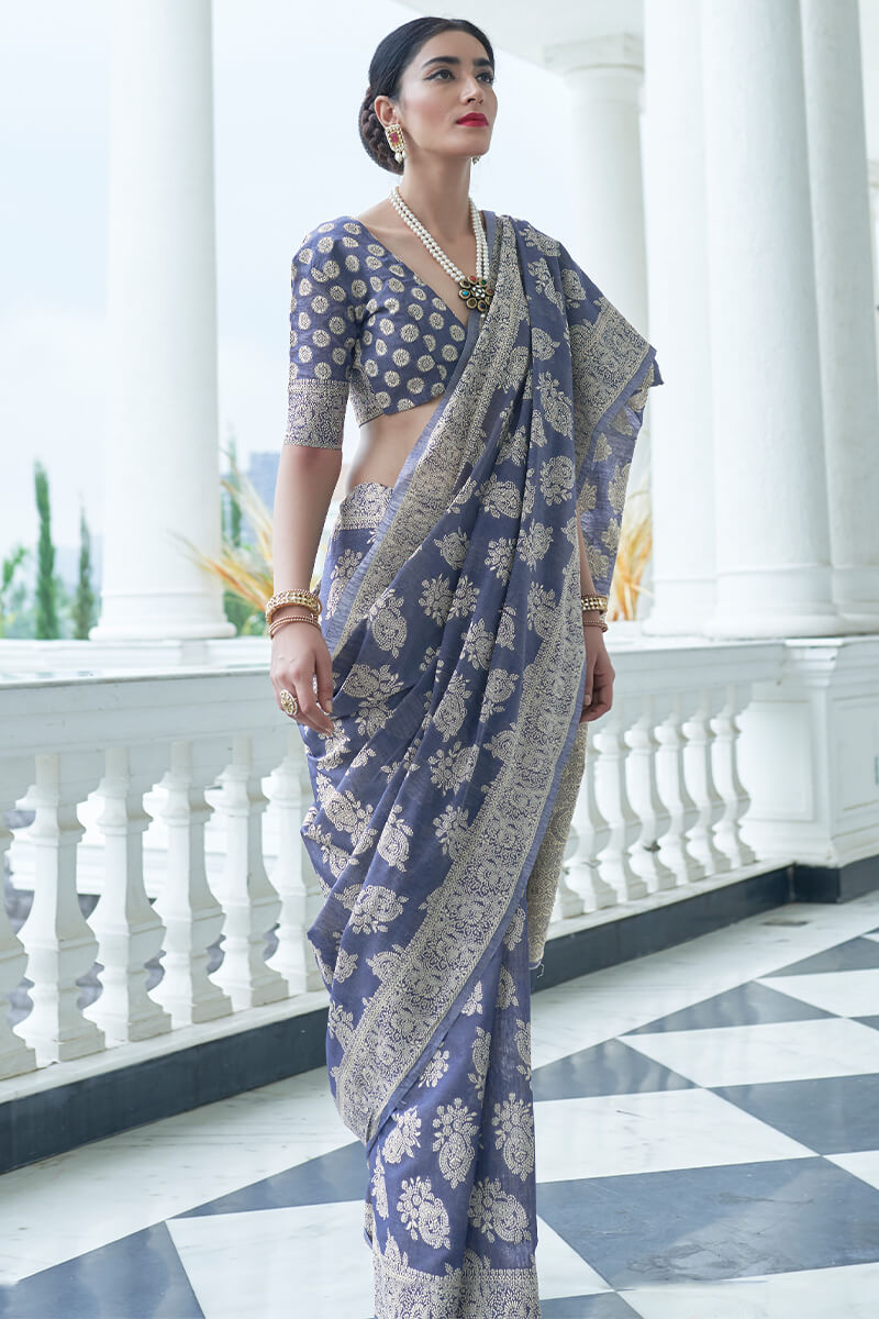 Most Flattering Blue Lucknowi Silk Saree With Entrancing Blouse Piece