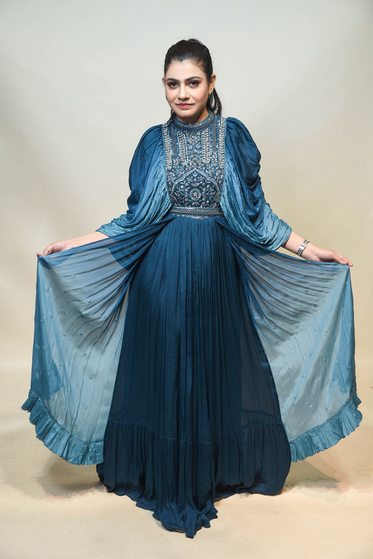 Classic Blue Floral Motif Dress With Curtain Sleeves