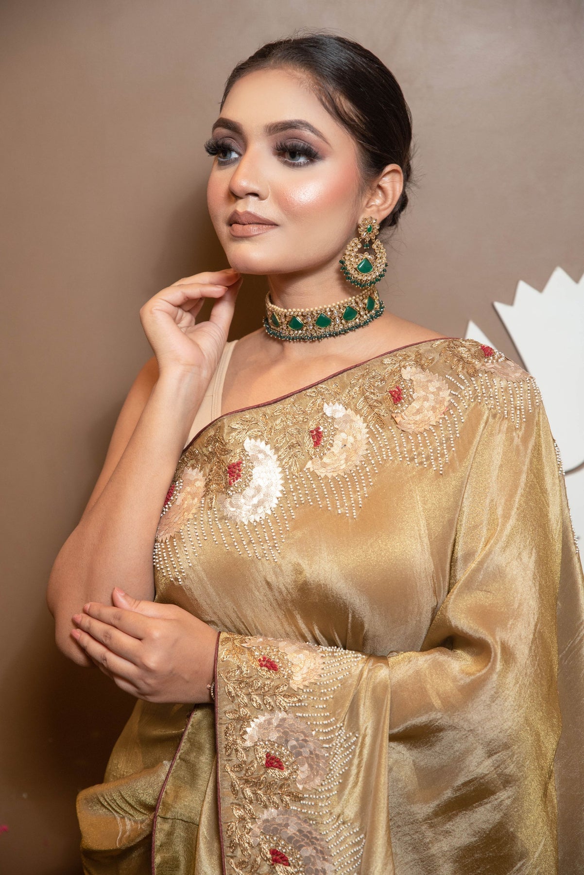 adorable brown color floral motif embroidered saree