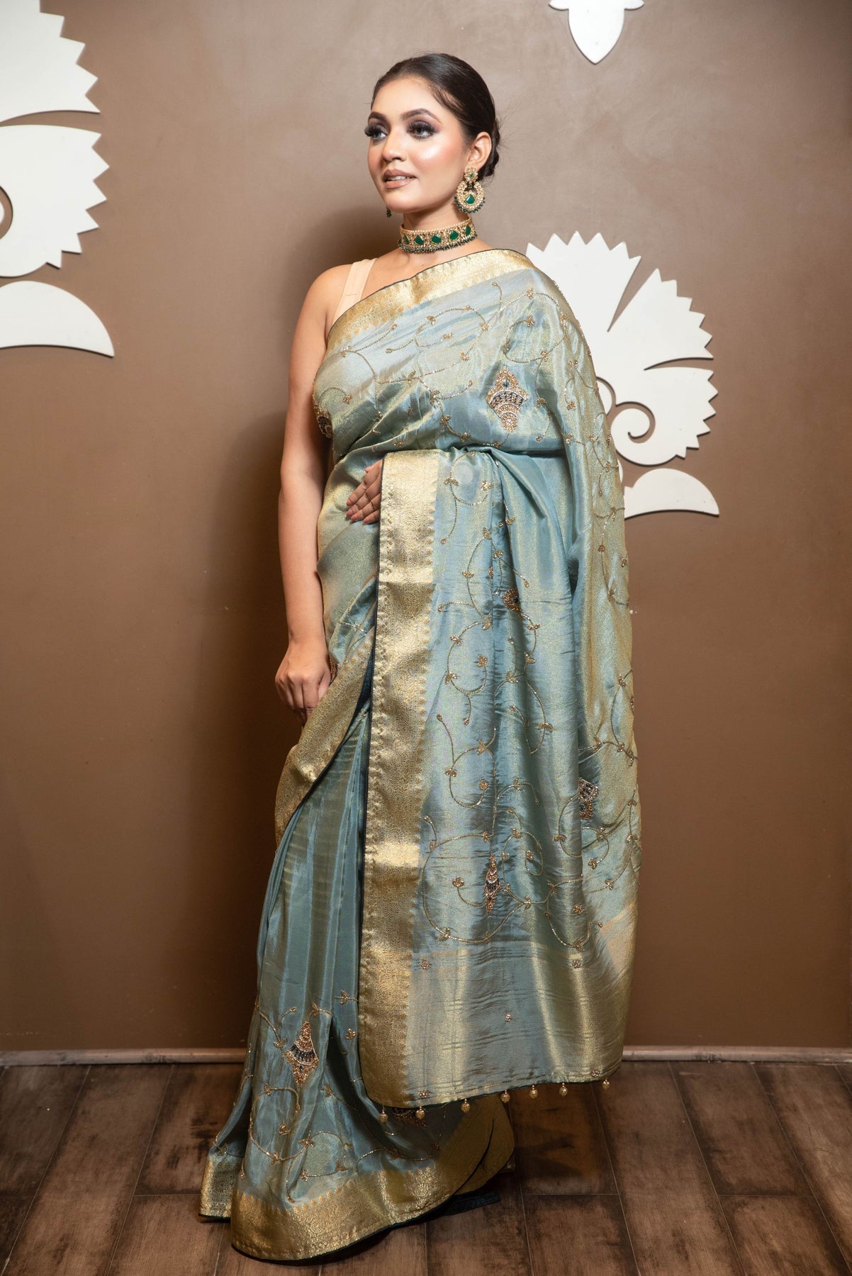 trendy green color geometrical motif saree