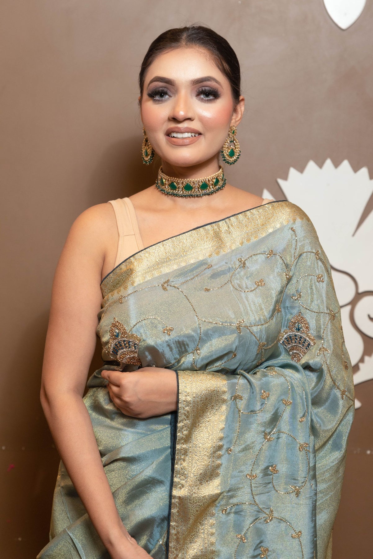 trendy green color geometrical motif saree