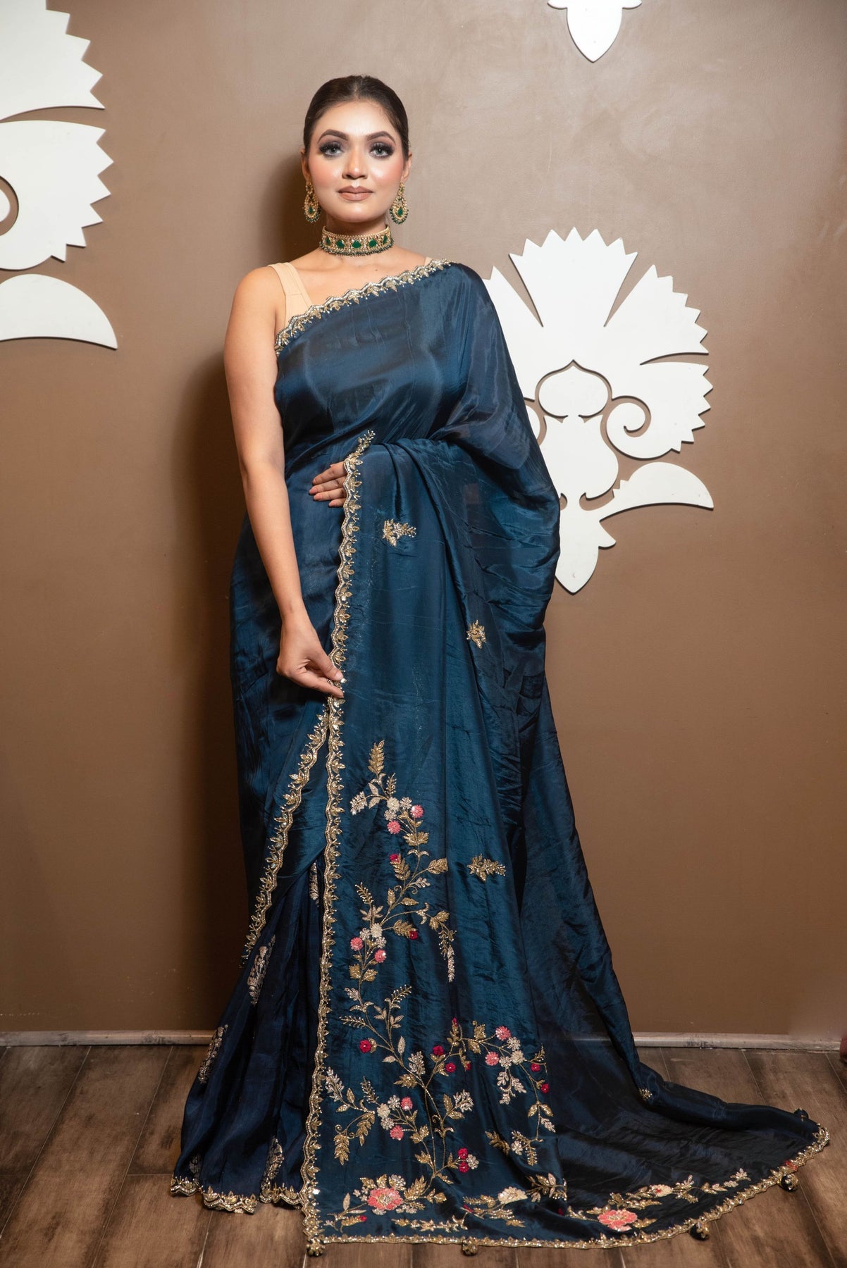 beautiful dark blue floral motif saree