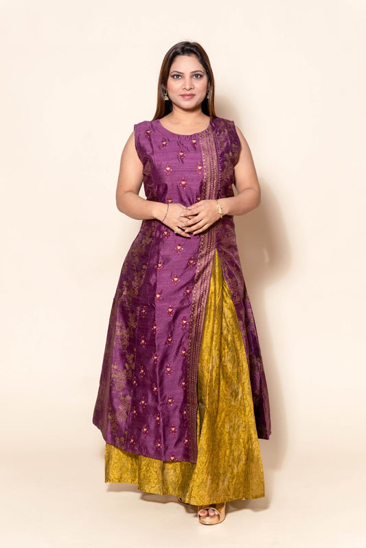 Purple & Mustard Yellow Resham Work Dress - Exquisite Indian Party Wear