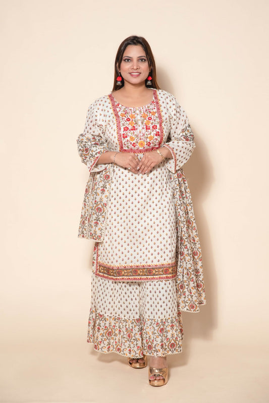 Trendy White and Red Cotton Suit with Mirror Work, Sequins, and Thread Work