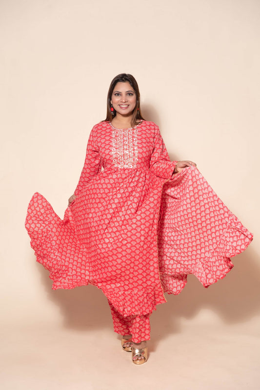 Red Rayon Cotton Suit With Mirror Work and Thread Work - Designer Wear for Women