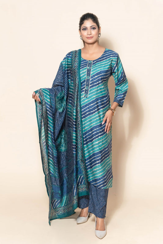 Blue Silk Blend Suit with Mirror, Gota, and Beads - Designer Wear for Women