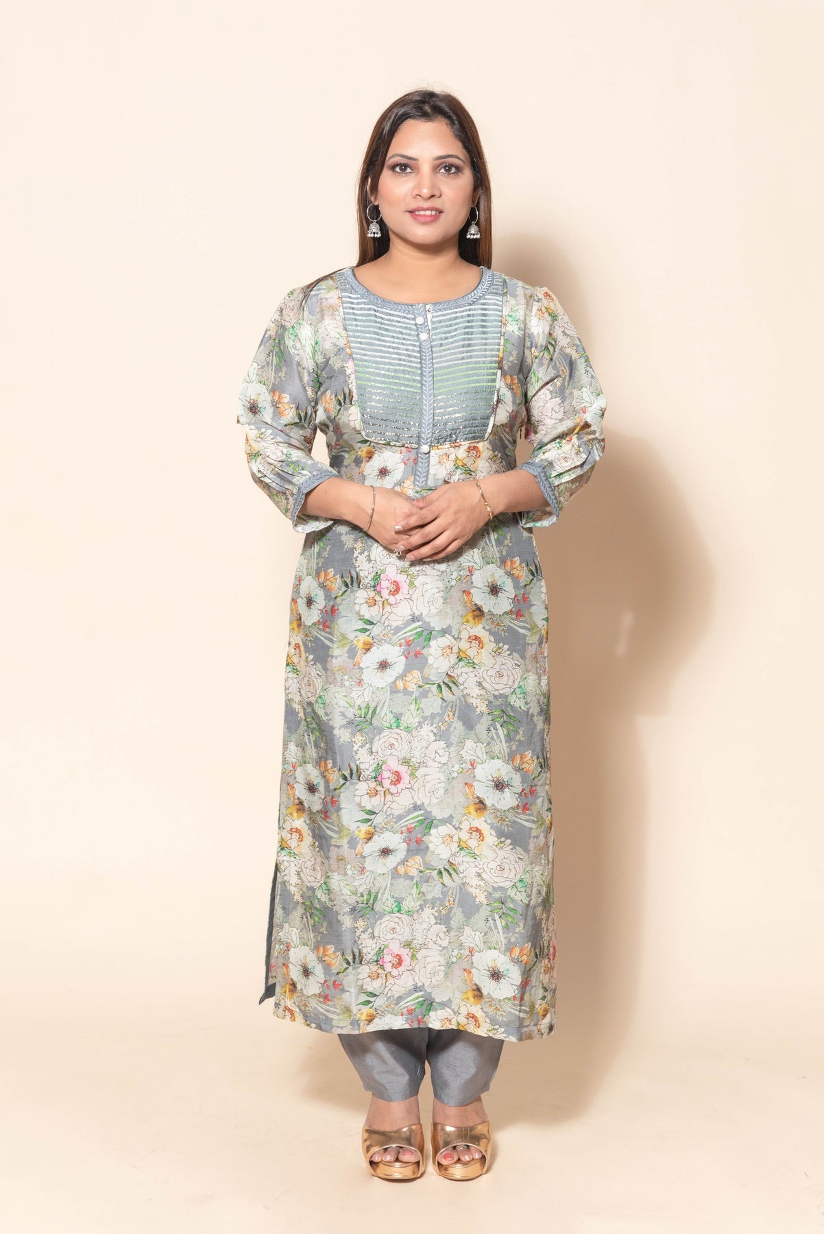 Grey Silk Blend Suit with Beautiful Cut Dana and Printed Designs