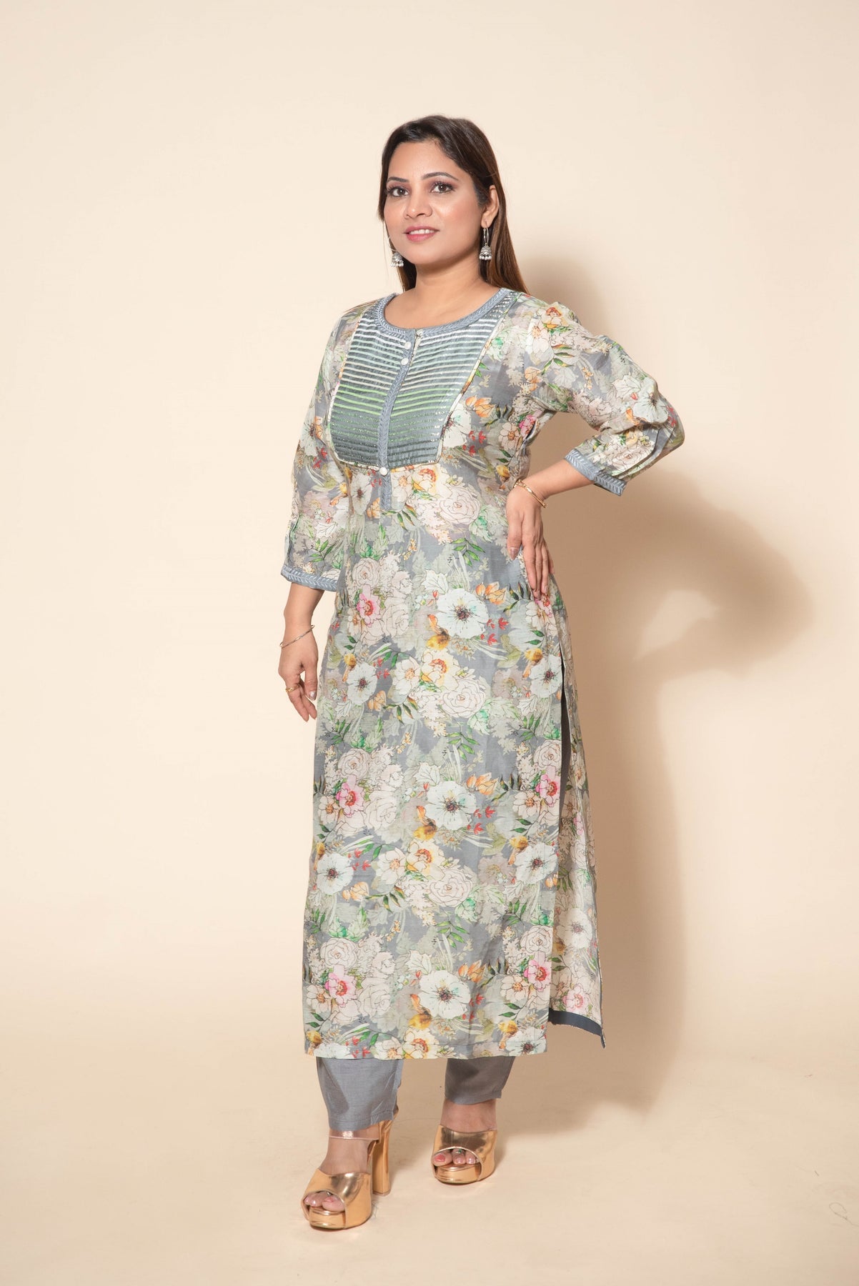 Grey Silk Blend Suit with Beautiful Cut Dana and Printed Designs