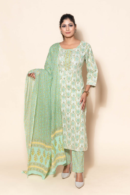 Beautiful Light Green Cotton Suit with Gota Patti and Mirror Work