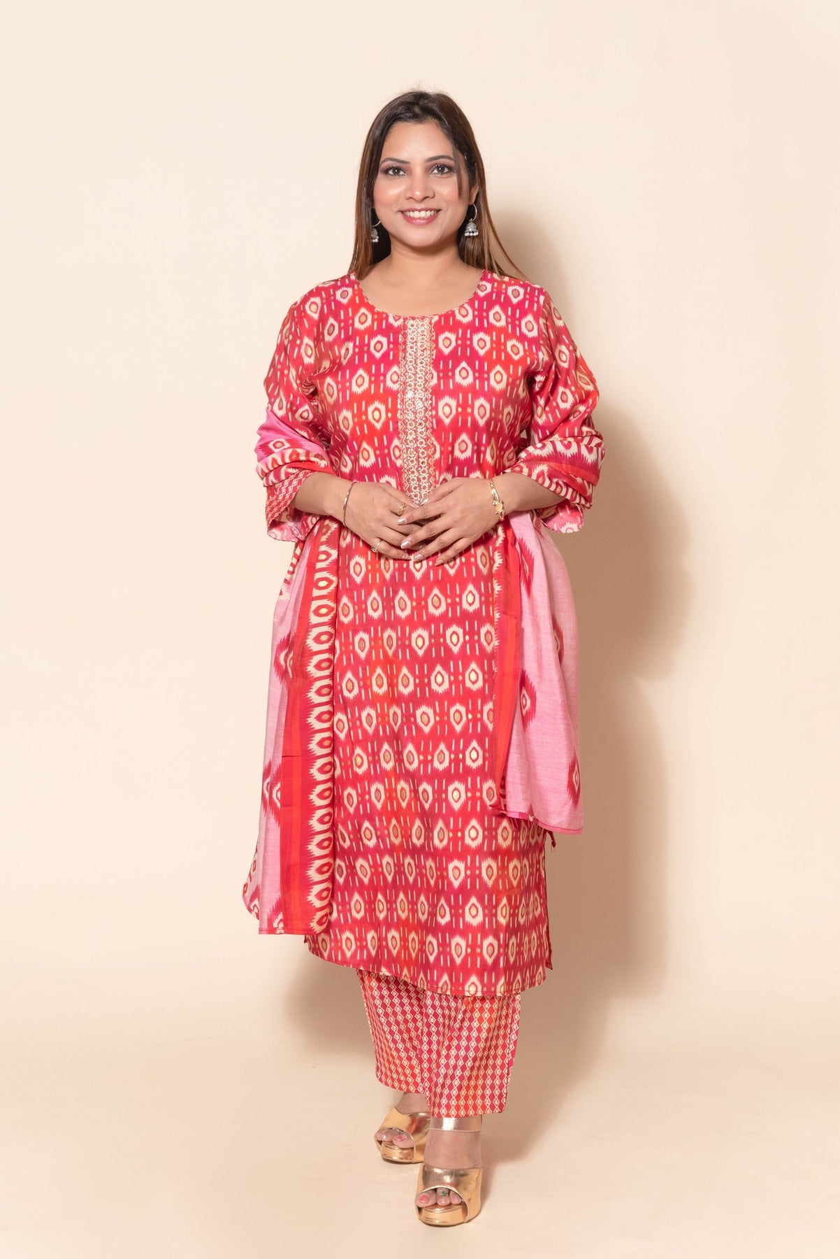 Radiant Red & Pink Modal Silk Suit with Gota, Mirror Work, and Pearls