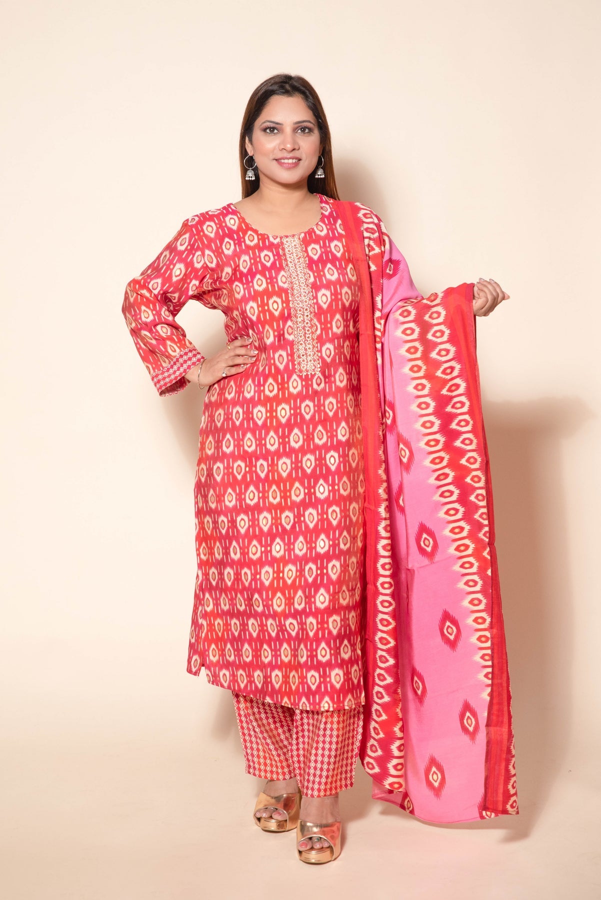 Radiant Red & Pink Modal Silk Suit with Gota, Mirror Work, and Pearls