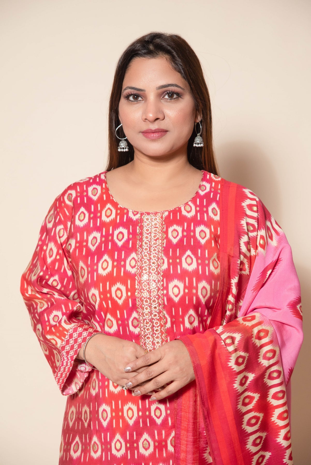 Radiant Red & Pink Modal Silk Suit with Gota, Mirror Work, and Pearls